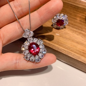 Fashion Eco-friendly Copper 10*12mm Red Cubic Zirconia Floral Pendant <b>Earring</b> Ring <b>Set</b> Elegantes Ladies Jewellery <b>Set</b> - Product Image 4