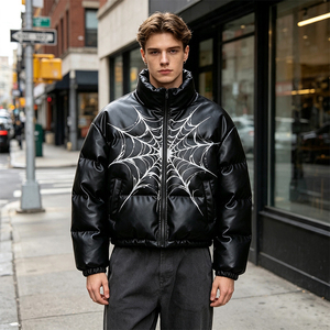 Blouson court matelassé en similicuir personnalisé pour homme, imprimé toile d'araignée, col montant, coupe oversize, fermeture éclair, style streetwear, manteau rembourré effet bulle - Product Image 1