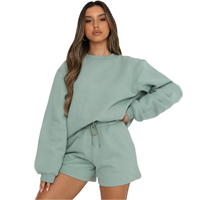 Printemps et automne femmes nouvelle couleur unie lâche polyvalent décontracté pull col rond short costume