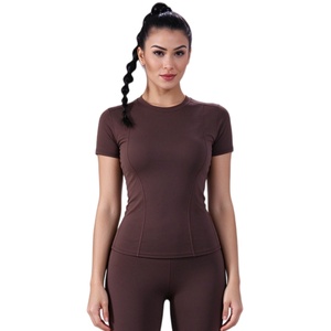 Women's Custom Logo Eco-Friendly Quick Dry Plaid Pattern Sports <b>T</b>-<b>Shirts</b> Wholesale Breathable Gym <b>Yoga</b> Spandex/Polyester Tops - Product Image 4