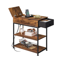 Table d'appoint étroite marron rustique moderne avec station de charge pour tiroir de salon en tissu
