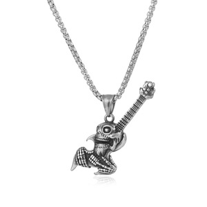 Collar con colgante de guitarra y calavera de yunnique, cadena de acero inoxidable de 60 cm, joyería de moda punk para hombre - Product Image 1