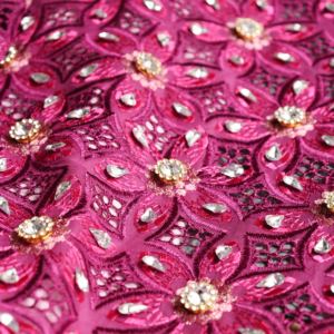 Ren lưới kiểu mới đính đá, vải cotton châu Phi màu hồng đỏ, ren voan thêu, họa tiết ren Thụy Sĩ, vải ren Guipure đính pha lê - Product Image 1