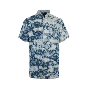 New style custom casual cotton summer denim jeans printed blue lake men's short sleeve hawaiian shirts