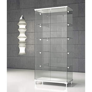 Vitrina Moderna de Vidrio 85x45x190cm, Puertas con Bisagras y Cerradura en Blanco Brillante, Estantes Ajustables en Altura, Iluminación LED - Product Image 1