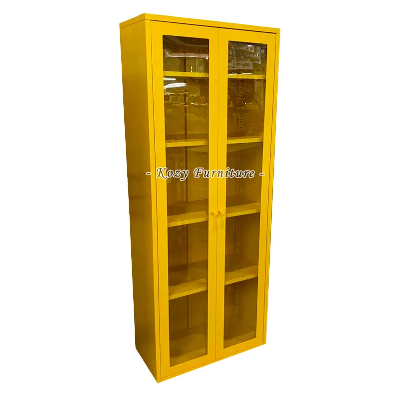 Armário de vidro amarelo para armazenamento de metal com duas portas de vidro por atacado