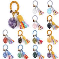 Porte-clés en pierre naturelle en forme de cœur, style bohème, breloque améthyste et quartz rose pour sac, pendentif de voiture, accessoire vestimentaire, vente en gros