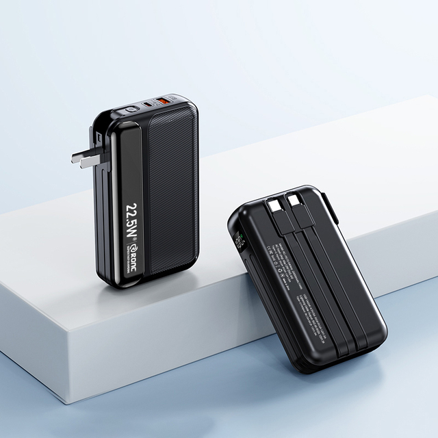 2 in 1 20000mAh Li-Polymer Battery Portable Power Bank with Built-in Cables 20W Fast Charging and Wall Plug