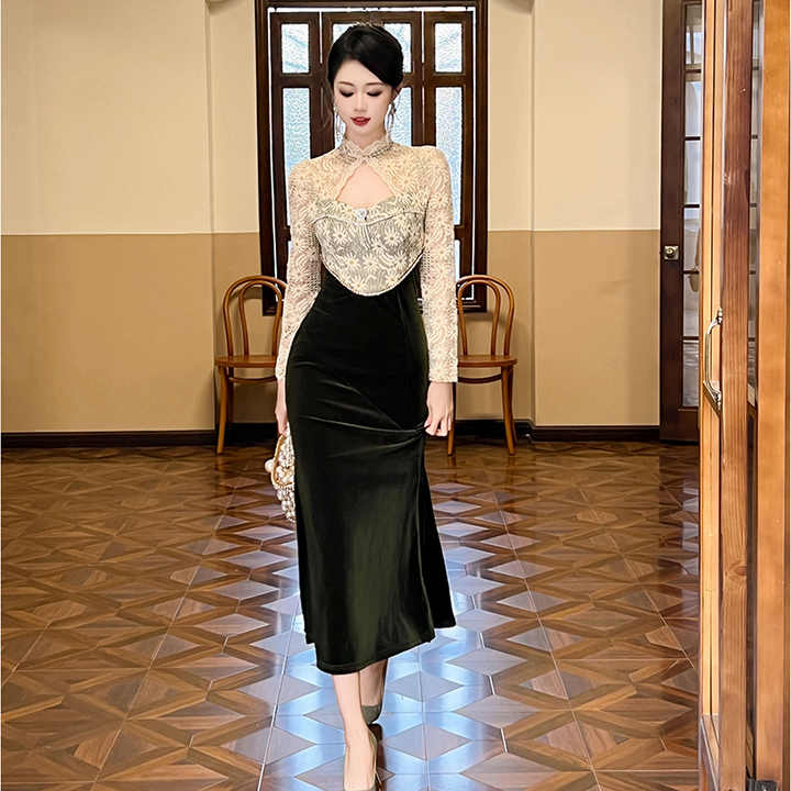 Lace Stitching Floral Short Contrast Color Slimming Bare Back Dress