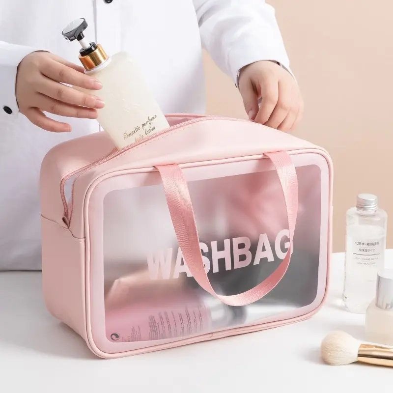 wholesale In bulk portable travel toiletry wash bag zipper makeup organizer women transparent pink waterproof cosmetic bags