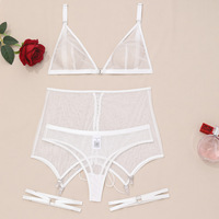 Nouvel ensemble de lingerie sexy en dentelle pour femme, blanc, en maille transparente, de luxe, avec string, porte-jarretelles à lacets et jarretelles de jambe, vente en gros mondiale OEM