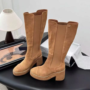 Bottes de créateur en daim pour femme, chaudes, à talons épais et plateforme, mi-mollet, bout rond, fourrées, pour l'hiver et la neige - Product Image 5