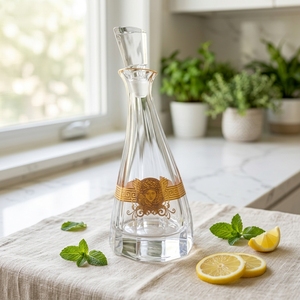 Decantador de Vidrio Cónico con Patrón Griego Dorado, Lujoso y Vintage, para Brandy, Vino y Banquetes Reales - Product Image 1