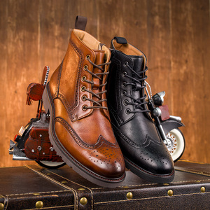 Bottes pour hommes en cuir synthétique doublées polaire à la cheville, bout carré, semelle épaisse, fermeture éclair latérale en cuir véritable, style rétro, toutes saisons - Product Image 6