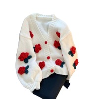 Pulls en tricot à manches longues pour femmes avec fleurs 3D personnalisées, colorés, tricot intarsia, broderie, cardigan en crochet pour femmes