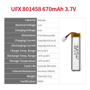 Batería de Litio-Polímero para Luz LED, Suministro de Fábrica, UFX 801458, 670mAh, <span class=keywords><strong>3</strong></span>.7V - Product Image 2