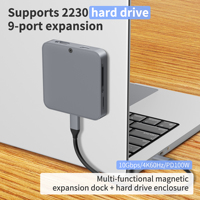 Hub USB C 9 en 1 de Aleación de Aluminio con Ranura para SSD M.2 NVMe, 10 Gbps, 4K60Hz HDTV, 100W PD, USB-C/USB-A 3.2, Lector de Tarjetas SD/TF, Magnético, en Stock