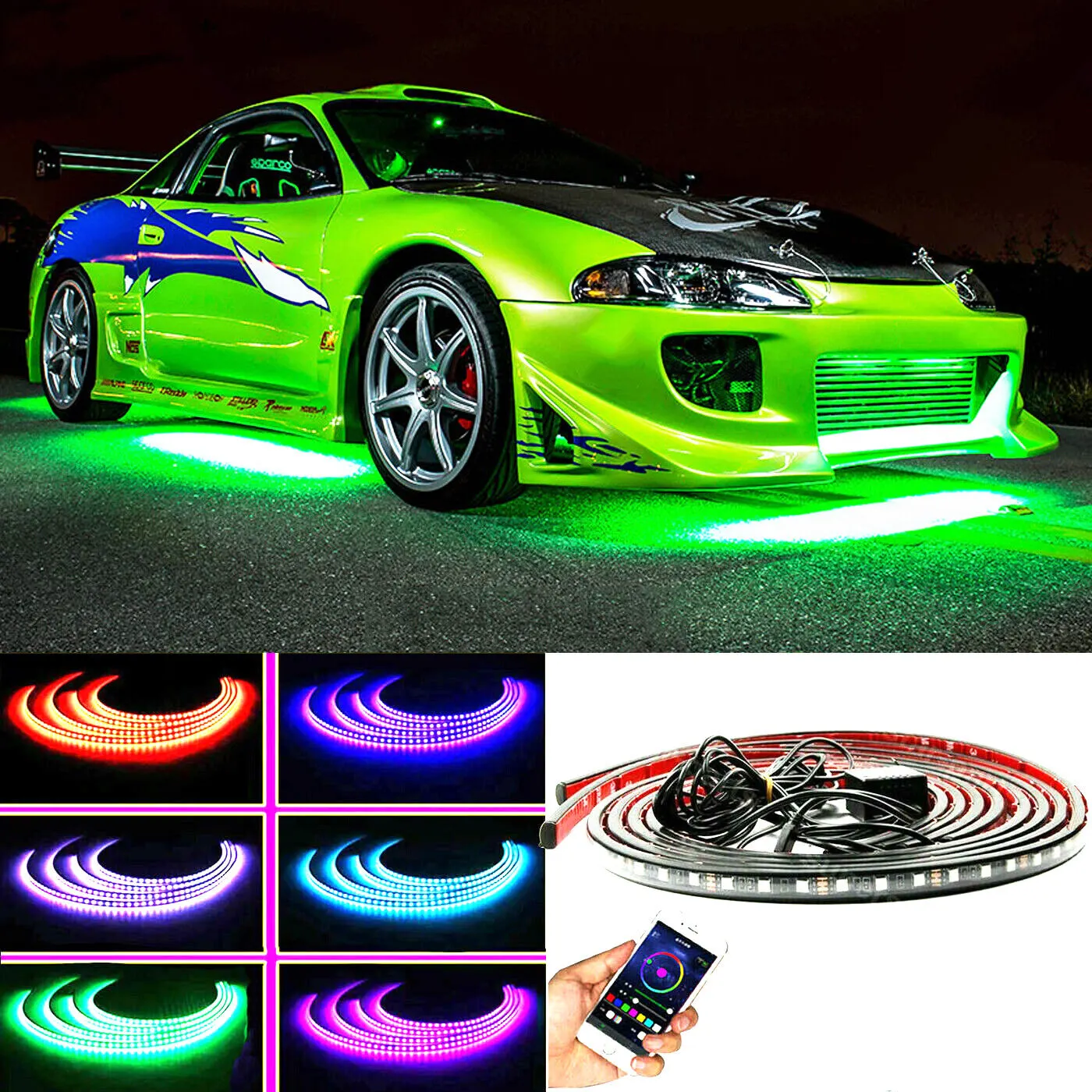 Kontrol Aplikasi Lampu Dekorasi Mobil RGB, Suasana Sekitar Led Di Bawah Strip Sistem Bawah Bodi Mobil Lampu LED Cahaya Neon