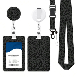 Round epoxy black leopard print <b>polyester</b> <b>lanyard</b> plastic ID card vertical push-fit name tag/card/student ID tag set - Product Image 1
