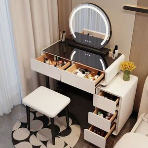 Table de toilette de luxe pour chambre à coucher avec miroir rond éclairé, rangement - Product Image 4