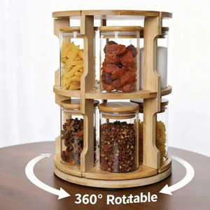 360 °   Rak Bambu Putar dengan Stoples Kaca Kedap Udara untuk Menyimpan Makanan, Rempah-rempah, Kopi, Teh, dan Gula di Dapur - Product Image 1