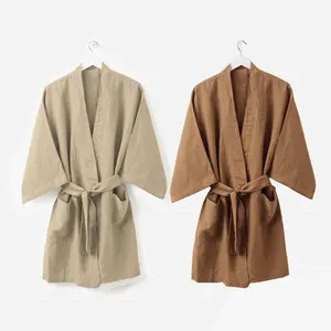 Gaun Pembungkus Pantai Wanita Piyama Kimono Maxi Lengan Panjang Sabuk Baggy Chill Loungewear 100% Jubah Pendek Linen Perancis Liburan Wanita