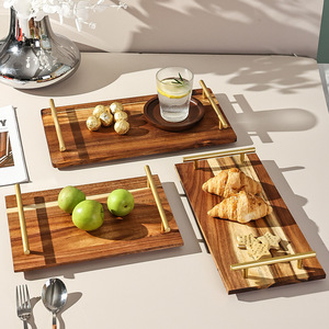 Acacia wood rectangular wooden <b>tray</b> with metal handle, practical household breakfast plate, fruit plate, <b>tea</b> plate, - Product Image 2