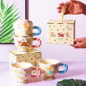 Wholesale High Quality Ins Style High Appearance Level Cute Puppy Ceramic Cup Colorful English Letter Stacked Mug With Spoon