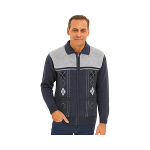 Cardigan tricoté d'hiver géométrique pour homme avec col en tricot épais et poches avant en polyester/coton - Product Image 1