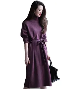 Women Dress With Lacing Turtle Neck 100% Cashmere Long Standard Autumn Knitted Pullovers Long Women's Knit Dress