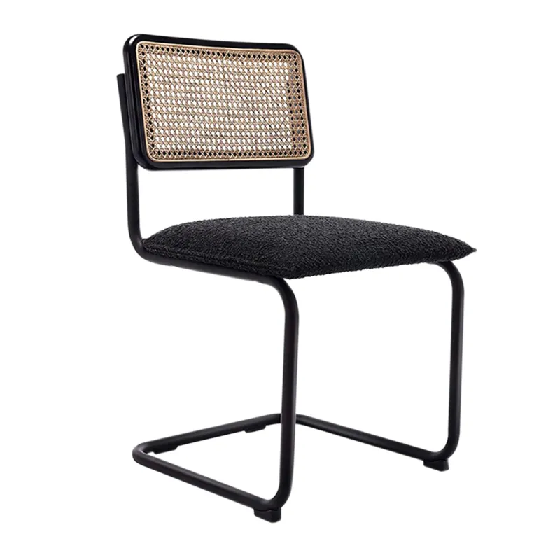 Black Boucle Esszimmers tuhl Modern Square Holz Rattan Rücken Verchromter Metallrahmen Boucle Sitz Seitens tuhl Esszimmers tuhl