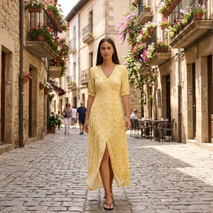 Vestido Maxi Amarillo con Estampado Floral para Mujer, Verano 2026, con Cuello en V y Abertura Lateral, Ligero y Fluido, Estilo Boho, para Vacaciones en la Playa - Product Image 2