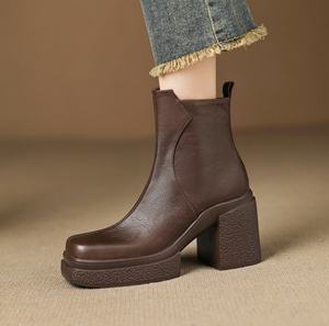 Botas impermeables y transpirables de microfibra estilo western, botas de tobillo con parte superior de cuero vacuno, botas con forro de piel de oveja - Product Image 1