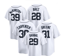 เสื้อเบสบอลทีมเหย้าสีขาวสำหรับผู้ชายของทีมไทเกอร์ส แมคคินส์ทรี # 39 บาเอซ # ช่างไม้ 28 คน # 30 สกูบัล # 29 กรีน # 31 ชุดปักชื่อหมายเลขแบบสั้น Sl - Product Image 1