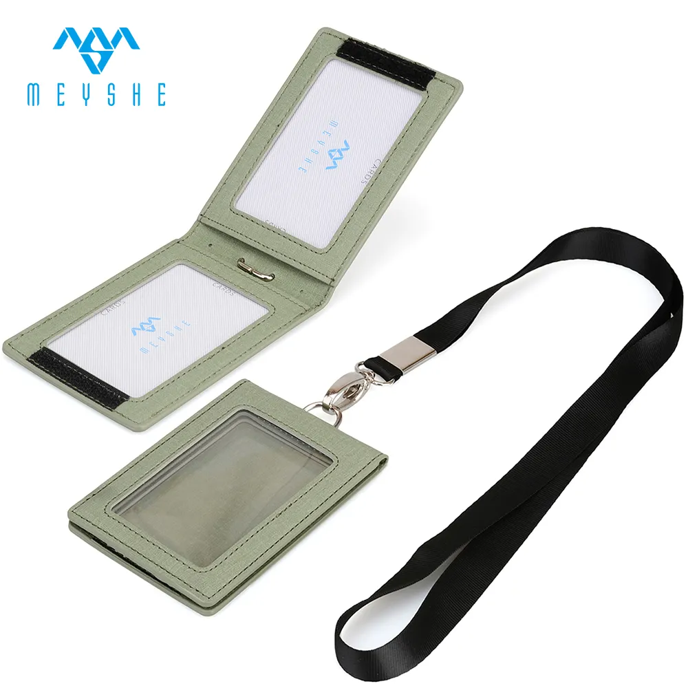 Factory Price Fast Supply Green PU Leather Lanyard Photo ID Card Holder Wallet With HOOK & LOOP