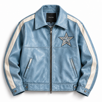 Blouson en cuir streetwear personnalisé pour homme, design patchwork, écologique, coupe-vent, respirant, bleu avec rayures sur les manches et patch étoile