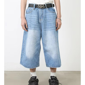 Pantaloncini in denim azzurro personalizzabili, stile vintage, a vita media, lavati, a gamba larga, <span class=keywords><strong>lunghi</strong></span>, per l'estate, casual - Product Image 3