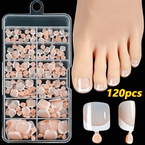 120 faux ongles de pieds carrés courts à presser, style French, couleur nude, en acrylique, réutilisables, à couverture complète, pour extension d'ongles de pieds - Product Image 5