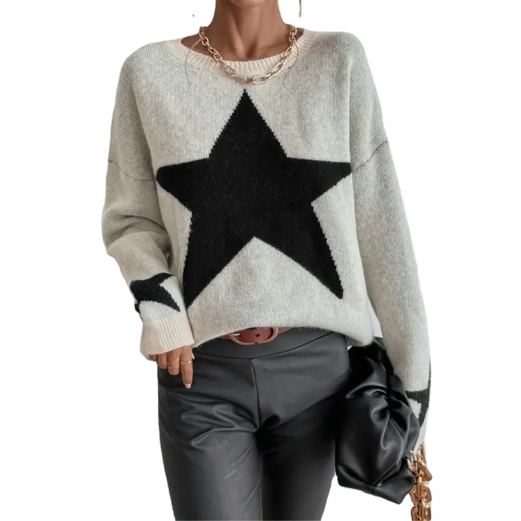 Trendy Customize Drop Shoulder Star Pattern Autumn Winter Knit Loose O-neck Pullover Cashmere Sweater for Women