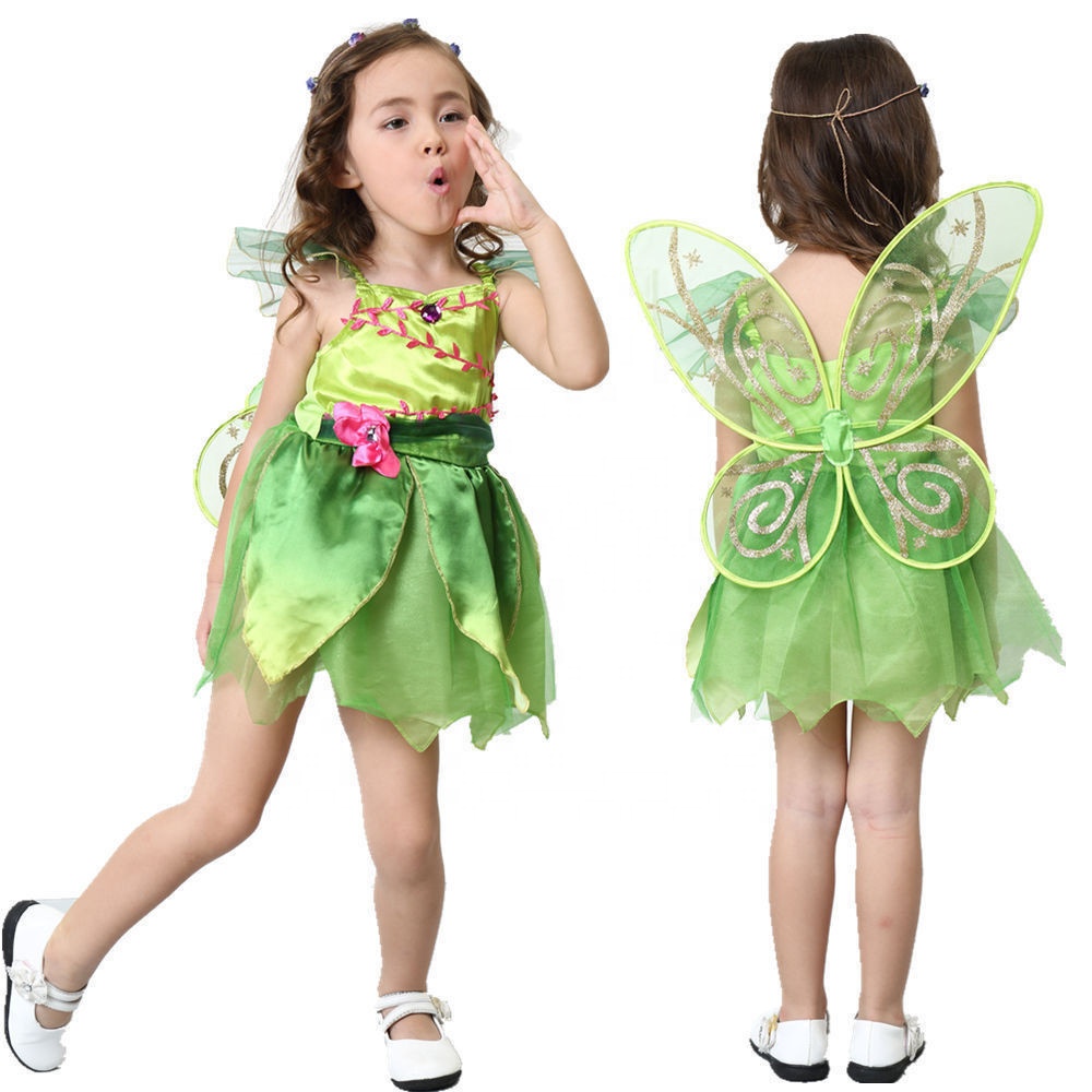 Mooie Nieuwe Meisjes Fee Prinses Jurk Tinker Bell Halloween Show Spelen Cosplay Kostuum Met Vleugel