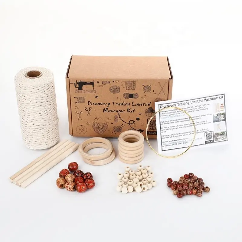 Kit de macramé DIY pour adultes débutants, perles de macramé avec anneaux en bois et bâtons en bois pour Kit de cintre de plante de macramé