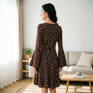 Vestido Mini de Seda con Cuello Barco y Estampado de Puntos Color Caramelo, Estilo Vintage Francés, Largo hasta la Rodilla, para Mujer - Product Image 3