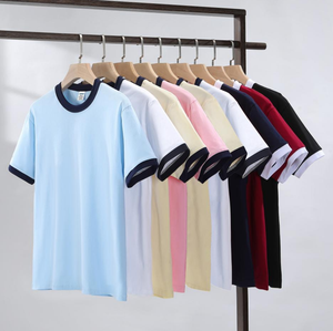 Camiseta de cuello redondo para hombre con logotipo personalizado al por mayor, cuello y puños en color contrastante a la moda. - Product Image 6