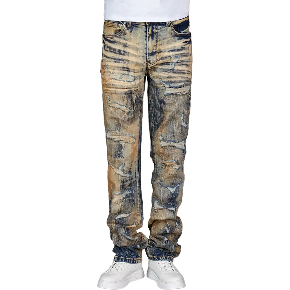 Nouvelle mode de pantalon en jean vente en gros de jeans vieillis à logo personnalisé jean skinny pour hommes