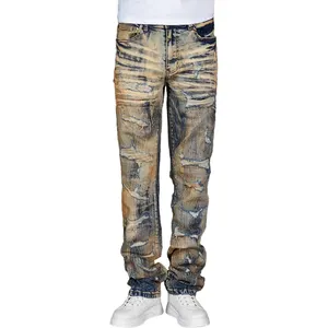 Nouvelle mode de pantalon en jean vente en gros de jeans vieillis à logo personnalisé jean skinny pour hommes