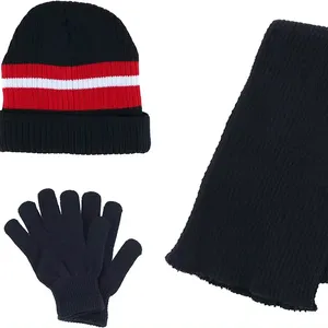 Оптовая Продажа, оптовая продажа, индивидуальная теплая шапка, простой детский зимний комплект, полосатая вязаная шапочка, вязаный шарф, комплект из трех предметов