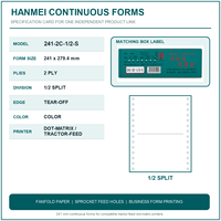 Kertas Komputer HANMEI 241mm 80 Kolom 2 Lapis 1/2 Split Continuous Tear-Off Tractor Feed Forms untuk Printer Dot Matrix V2
