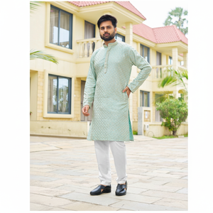 Pyjama Kurta pour homme de créateur classique en rayonne de qualité supérieure avec broderie et paillettes des deux côtés, parfait pour le festival - Product Image 1