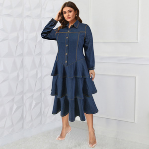 <span class=keywords><strong>Robe</strong></span> en jean grande taille Y218511 de haute qualité pour <span class=keywords><strong>femme</strong></span>, à manches longues, col à revers et volants multicouches, idéale pour l'automne - Product Image 3