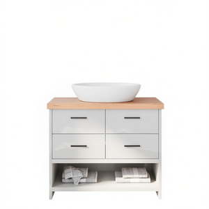 Meuble-lavabo de salle de bain moderne avec vasque en céramique, largeur 39,4 pouces, tiroirs en bois massif, finition brun clair, design minimaliste, sur pieds - Product Image 1